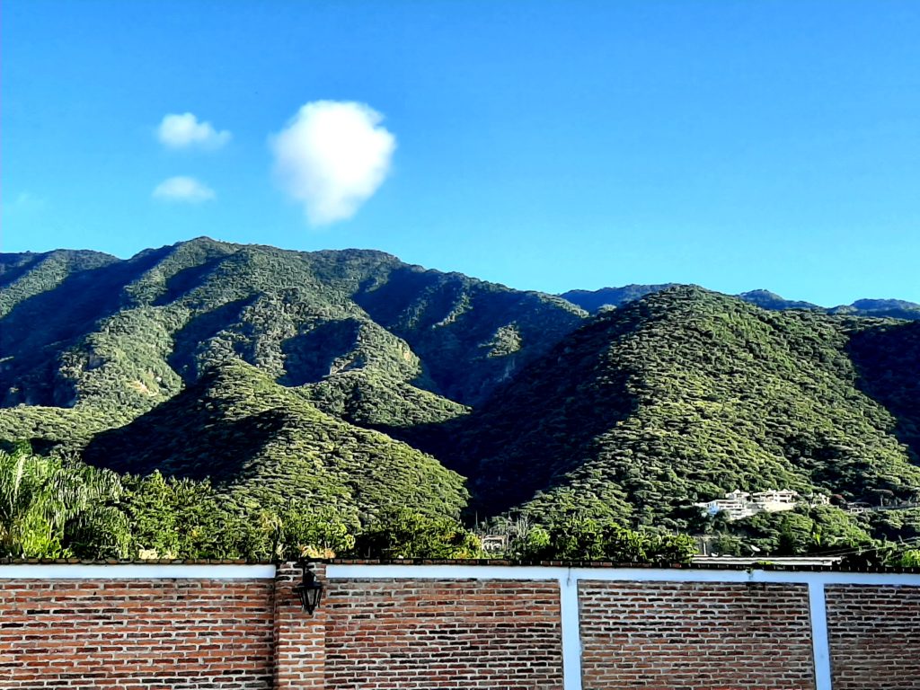 crumply chiaroscuro mountains covered in green trees above a brick wall under a cerulean sky with a few puffy clouds